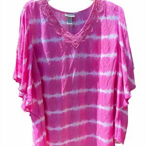 Pink with abstract white stripes blous